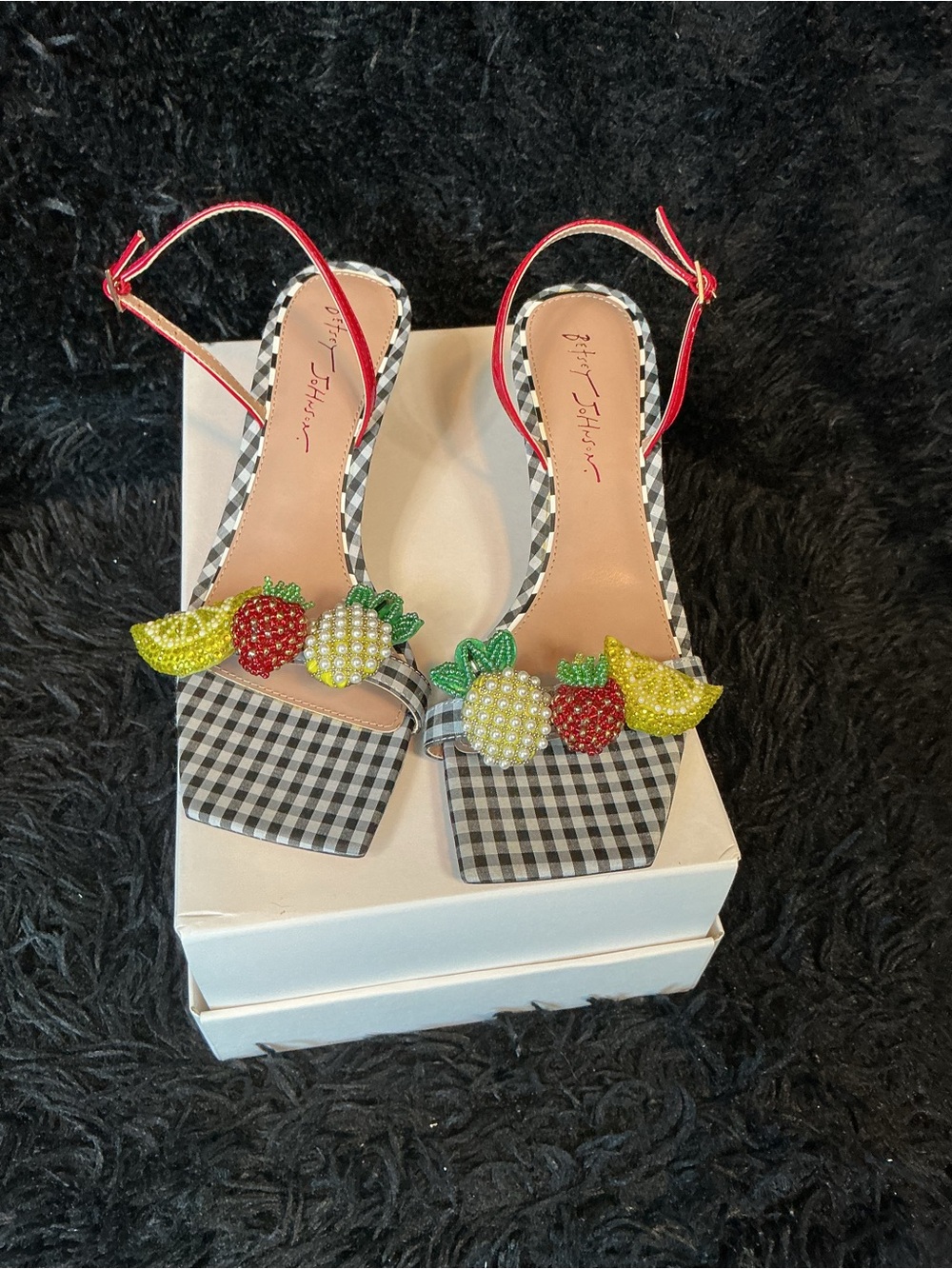 Betsey Johnson Black Gingham Slingback Sandals with Fruit Bead Accents